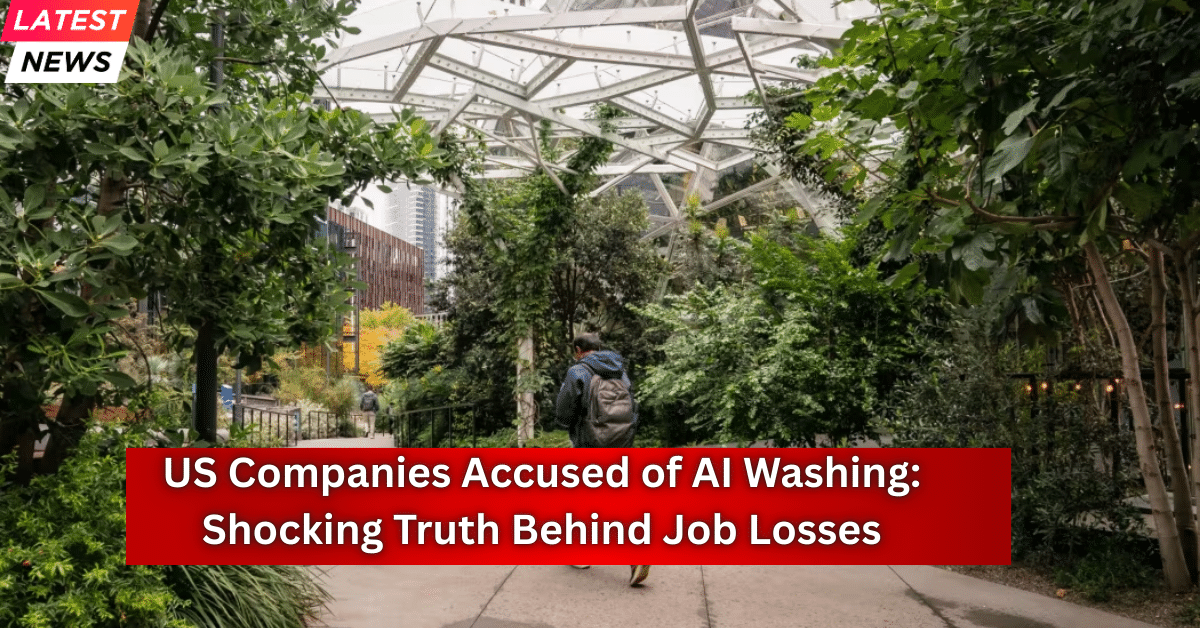 A person walks through a modern green campus as US companies face accusations of AI washing linked to job losses.