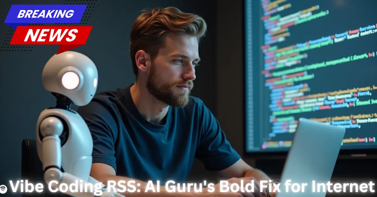 A developer working on a laptop beside a small white robot, with colorful code on a large monitor in the background and a “BREAKING NEWS” banner, plus the headline “Vibe Coding RSS: AI Guru’s Bold Fix for Internet Slop.”