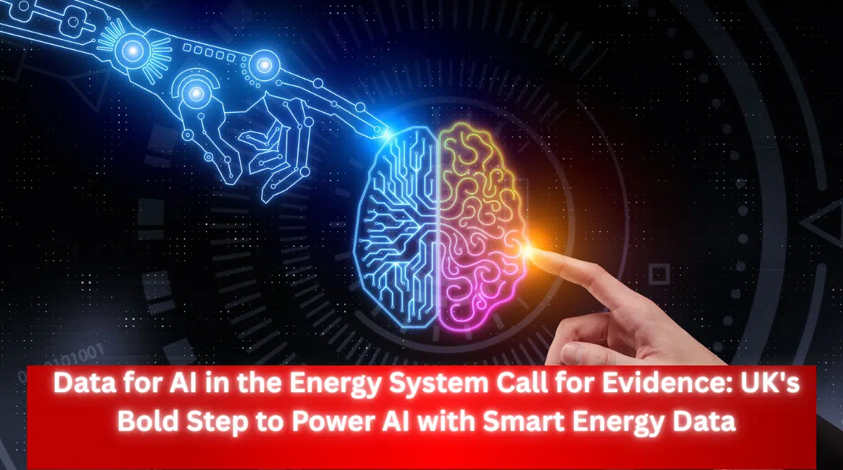 Digital illustration of a robotic hand and human finger touching a glowing AI brain symbol representing artificial intelligence in the energy system