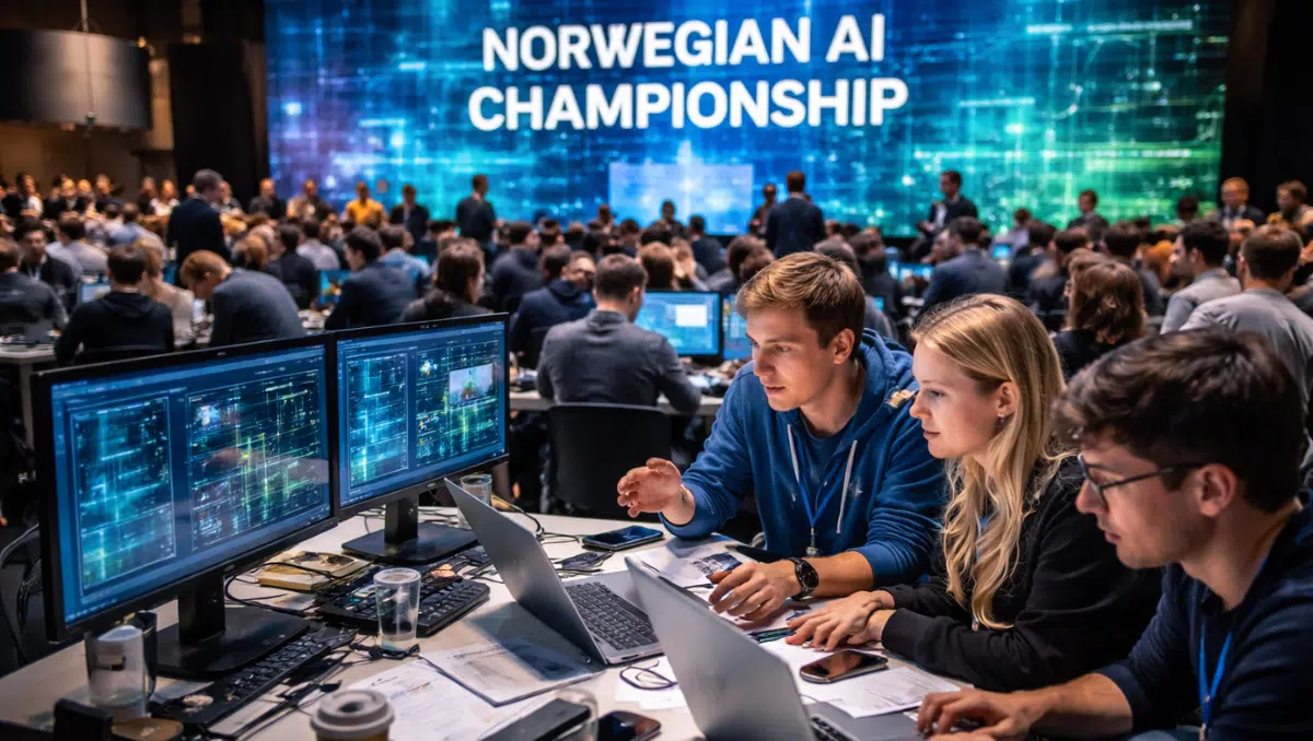 Participants working on real-world AI challenges at the Norwegian AI Championship 2026 using laptops and data dashboards