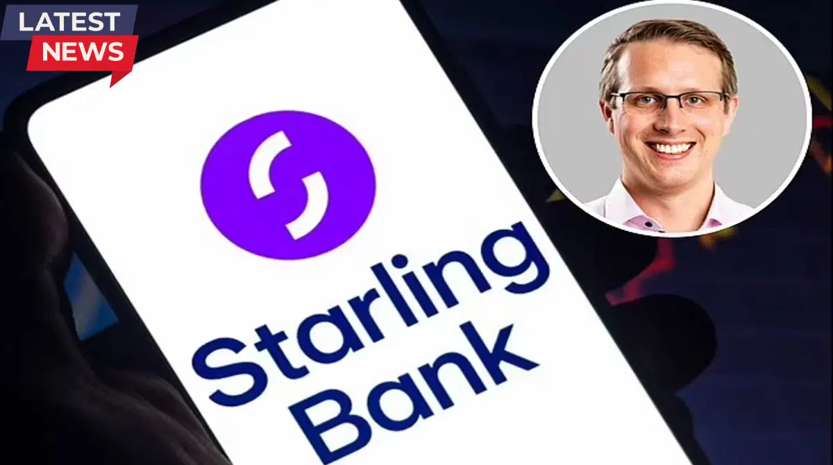 Smartphone displaying the Starling Bank app logo with a portrait of a business executive, highlighting a fintech innovation announcement.