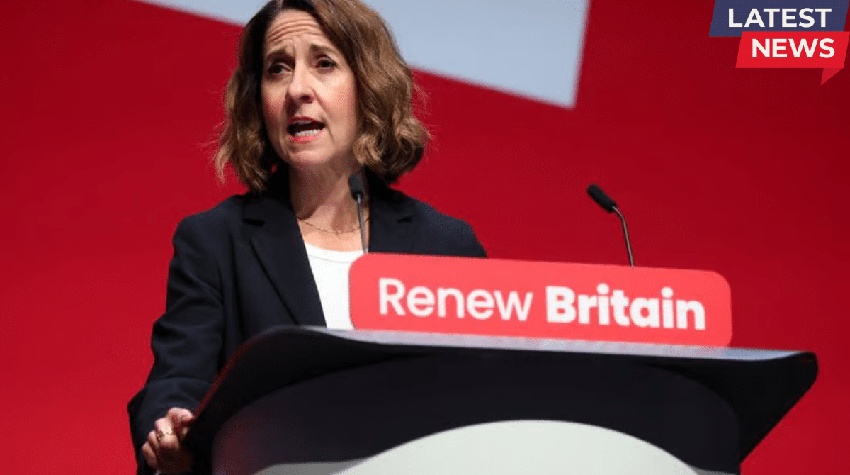 Rachel Reeves speaking at a “Renew Britain” podium with a “Latest News” label in the corner