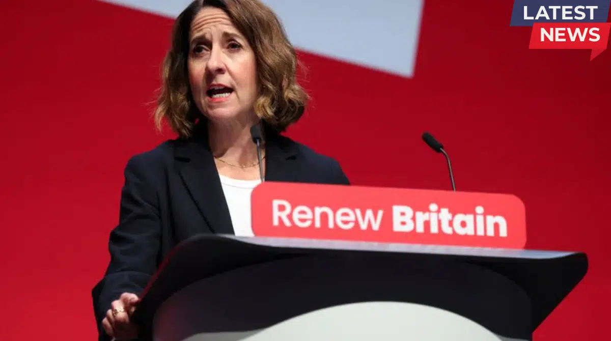 Rachel Reeves speaking at a “Renew Britain” podium with a “Latest News” label in the corner