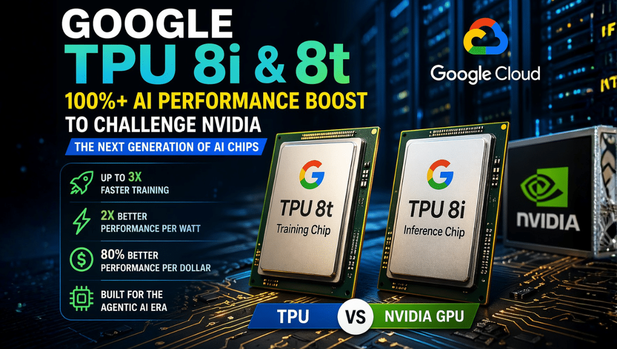 Google TPU 8i and 8t AI chips vs Nvidia GPU showing 100 percent performance boost in AI computing