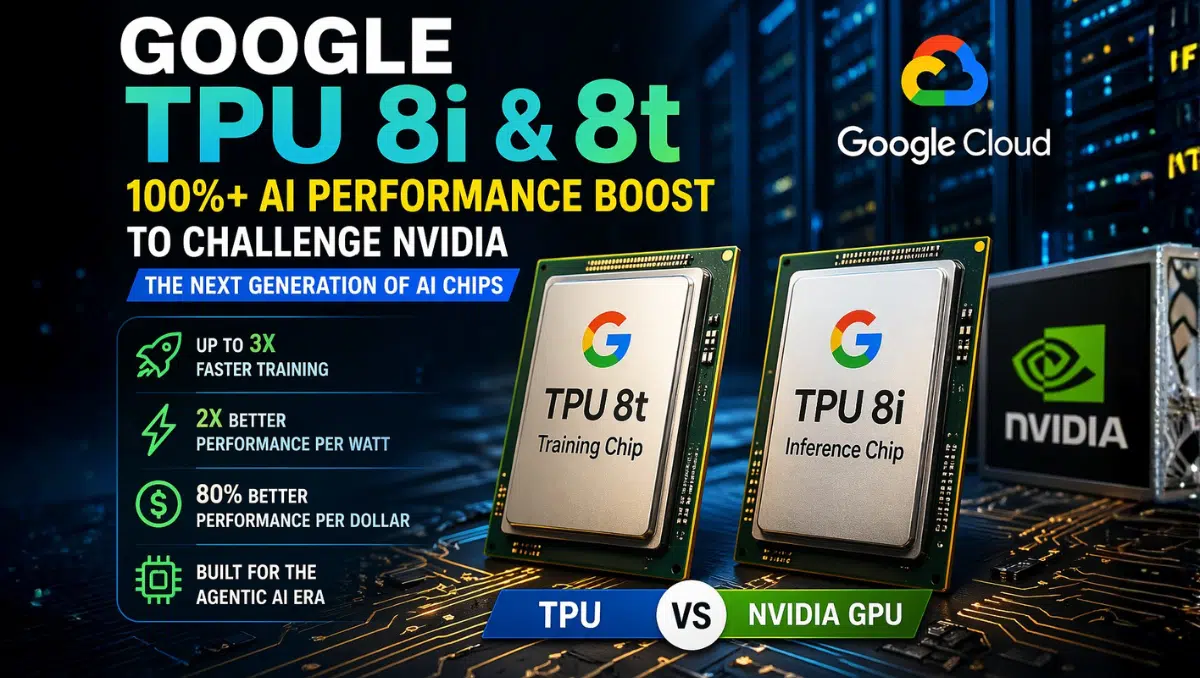 Google TPU 8i and 8t AI chips vs Nvidia GPU showing 100 percent performance boost in AI computing