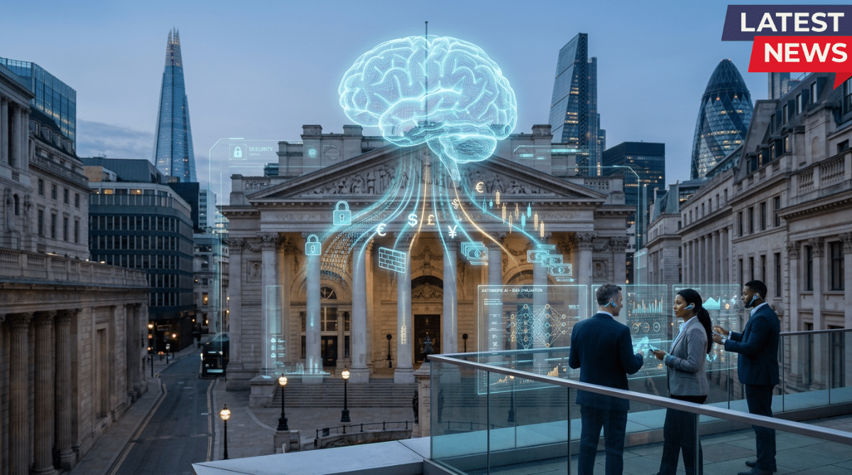 UK financial regulators assessing Anthropic AI model risks in London’s financial district with a glowing AI brain overlay above a bank building.
